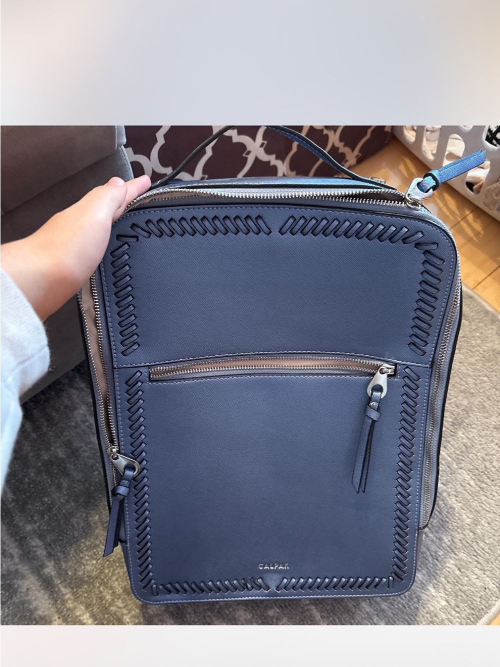Calpak Navy Blue Leather Travel Backpack
